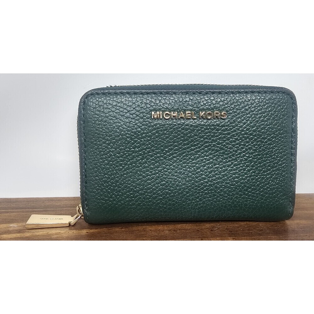 Michael Kors Jet Set Pebbled Leather Zip Card Case Wallet Moss Green NWOT